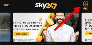 Sky247 website with "App" button.