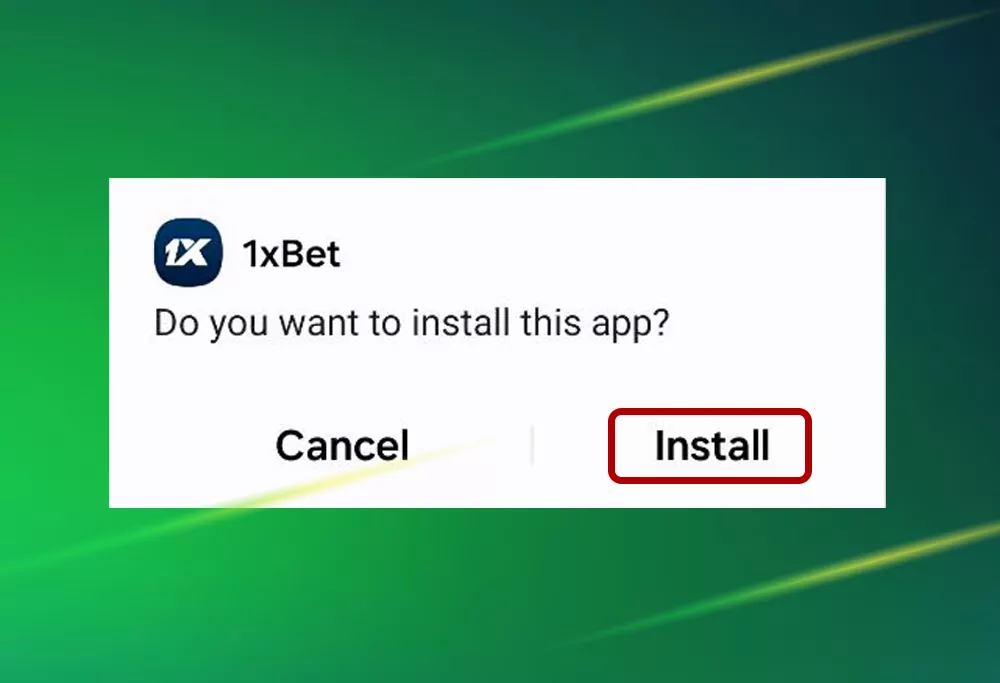 1xBet APK installation screen with 'Install' button.