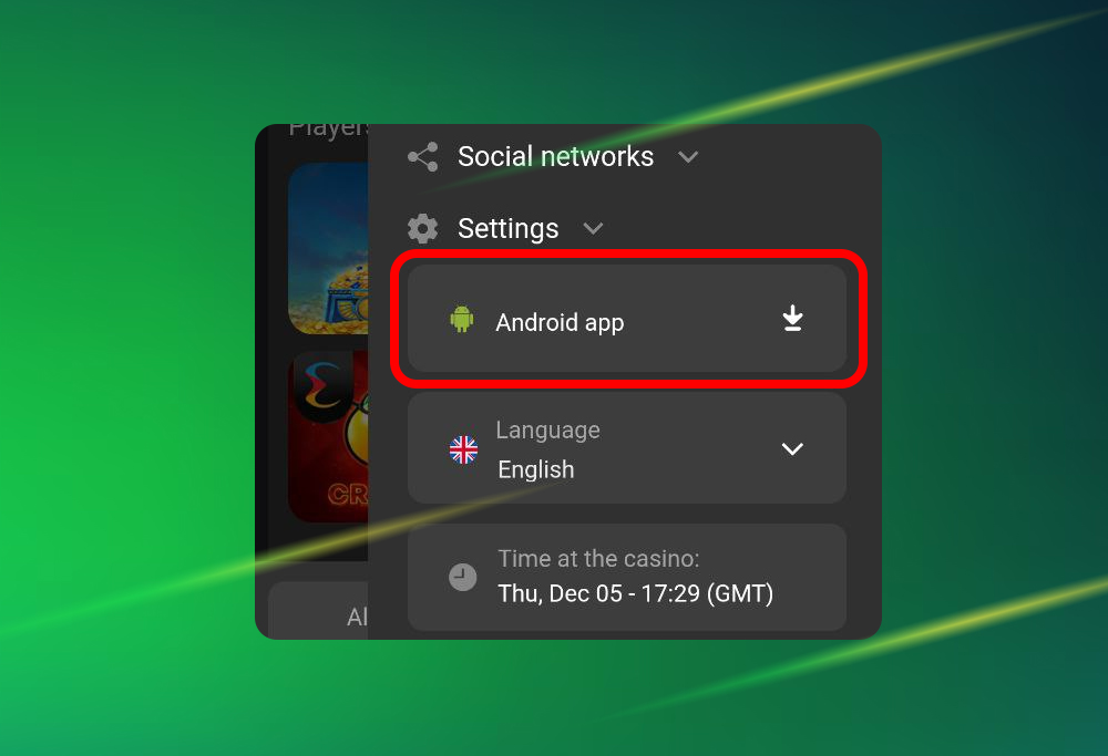 Step 2 – Open the menu and select the “Android” section in the 1xSlots app