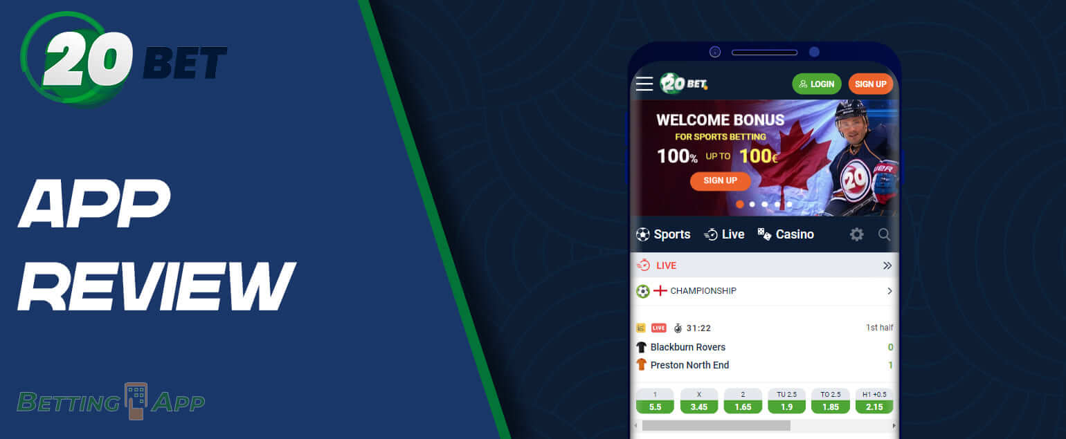 20Bet app review screen.