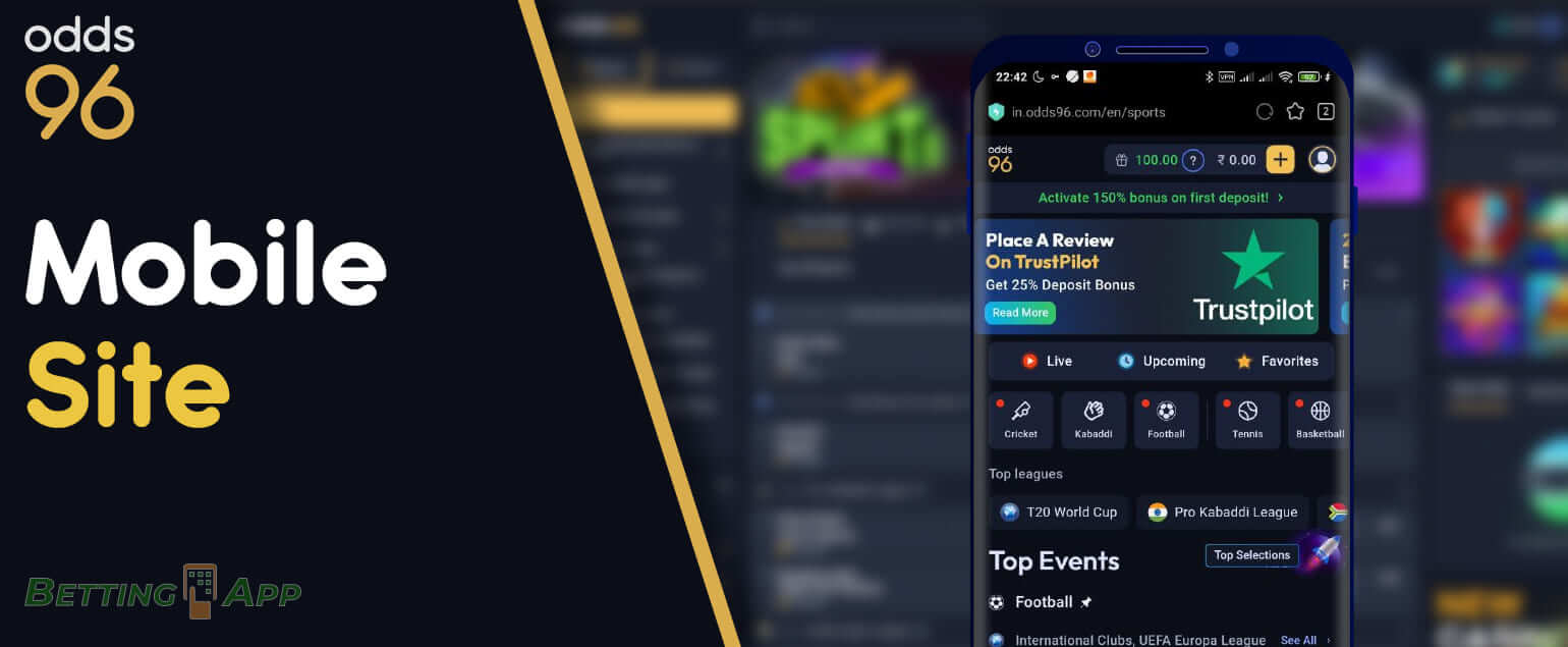 Features of using the mobile site bookmaker Odds96