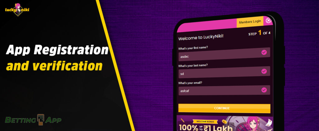 New user registration in LuckyNiki app for Indian users