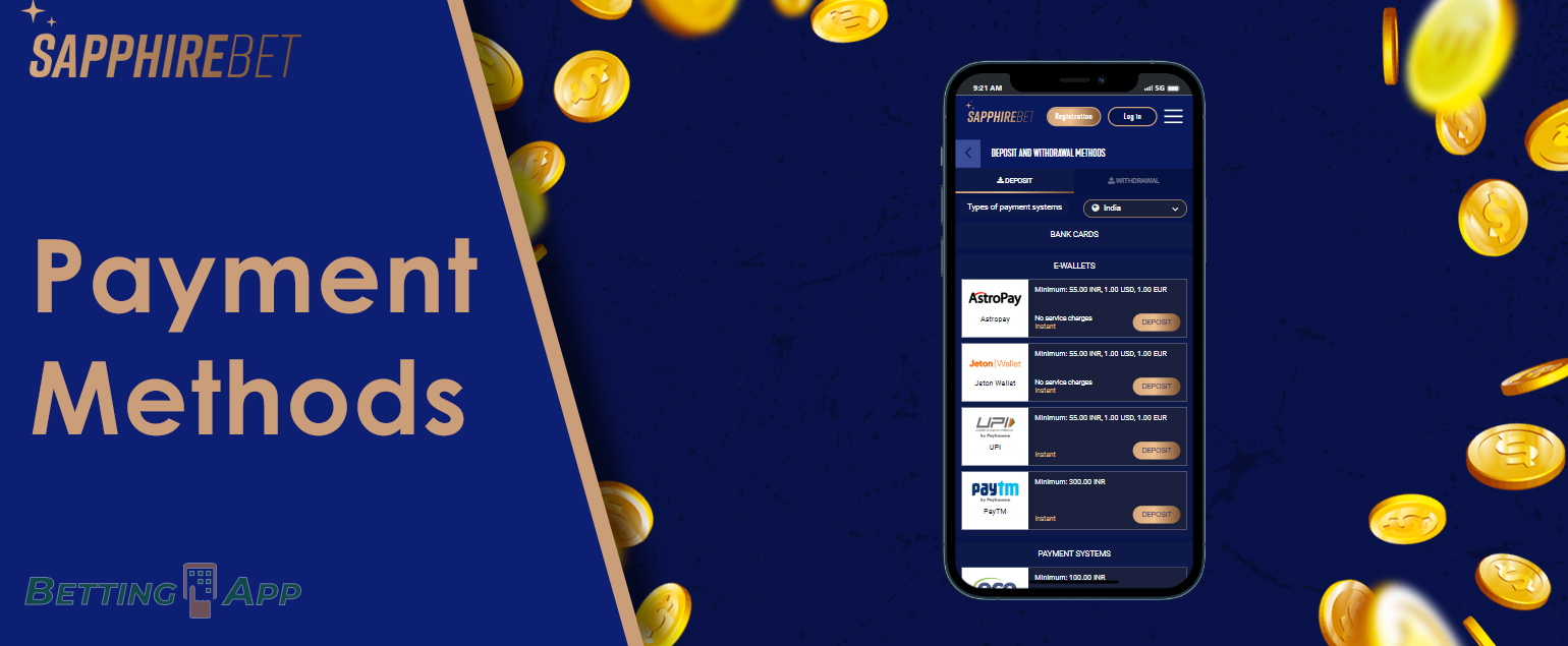 Which payment methods Sapphirebet app users can use to deposit and withdraw funds