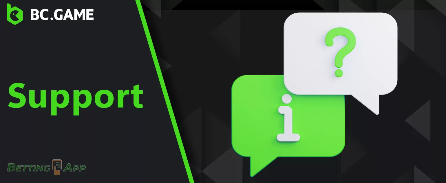BC Game support contacts for contacting via the app