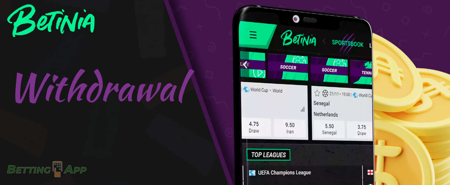 Available methods and withdrawals in Betinia app
