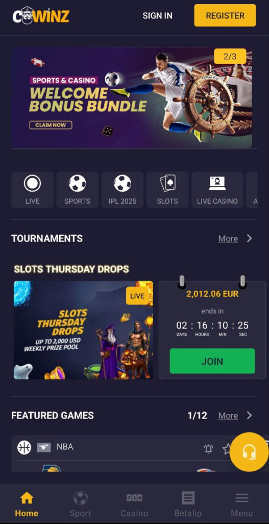Home page in the Cwinz app