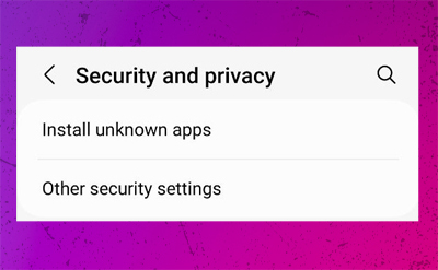 Battery mobile app installation settings: Security and Privacy, Install Unknown Apps, Other Security Settings