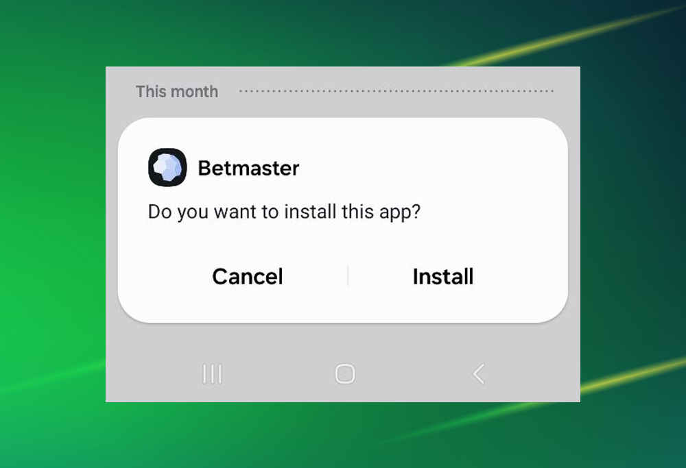 Betmaster APK installation with “Install” button.