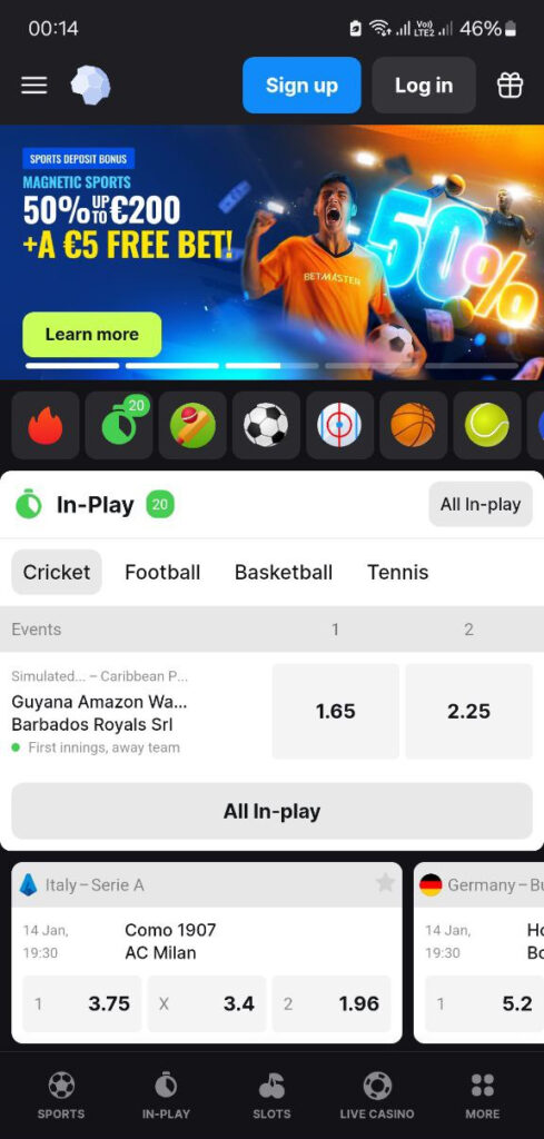 Sports betting section in the Betmaster app 