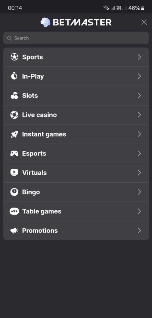 Main sections of the Betmaster mobile app 