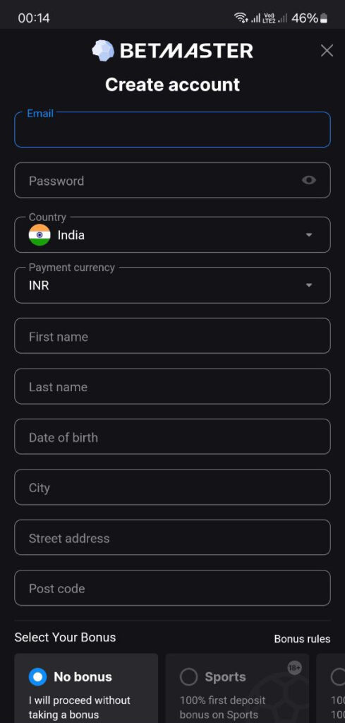 Create a new account in the Betmaster app 