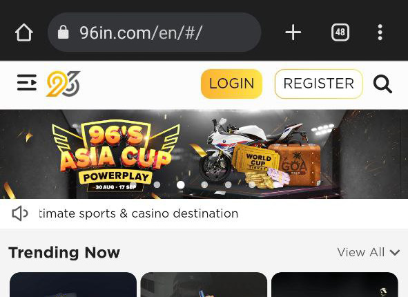 Step 1 of 96in APK download for Android showing Login and Register buttons.