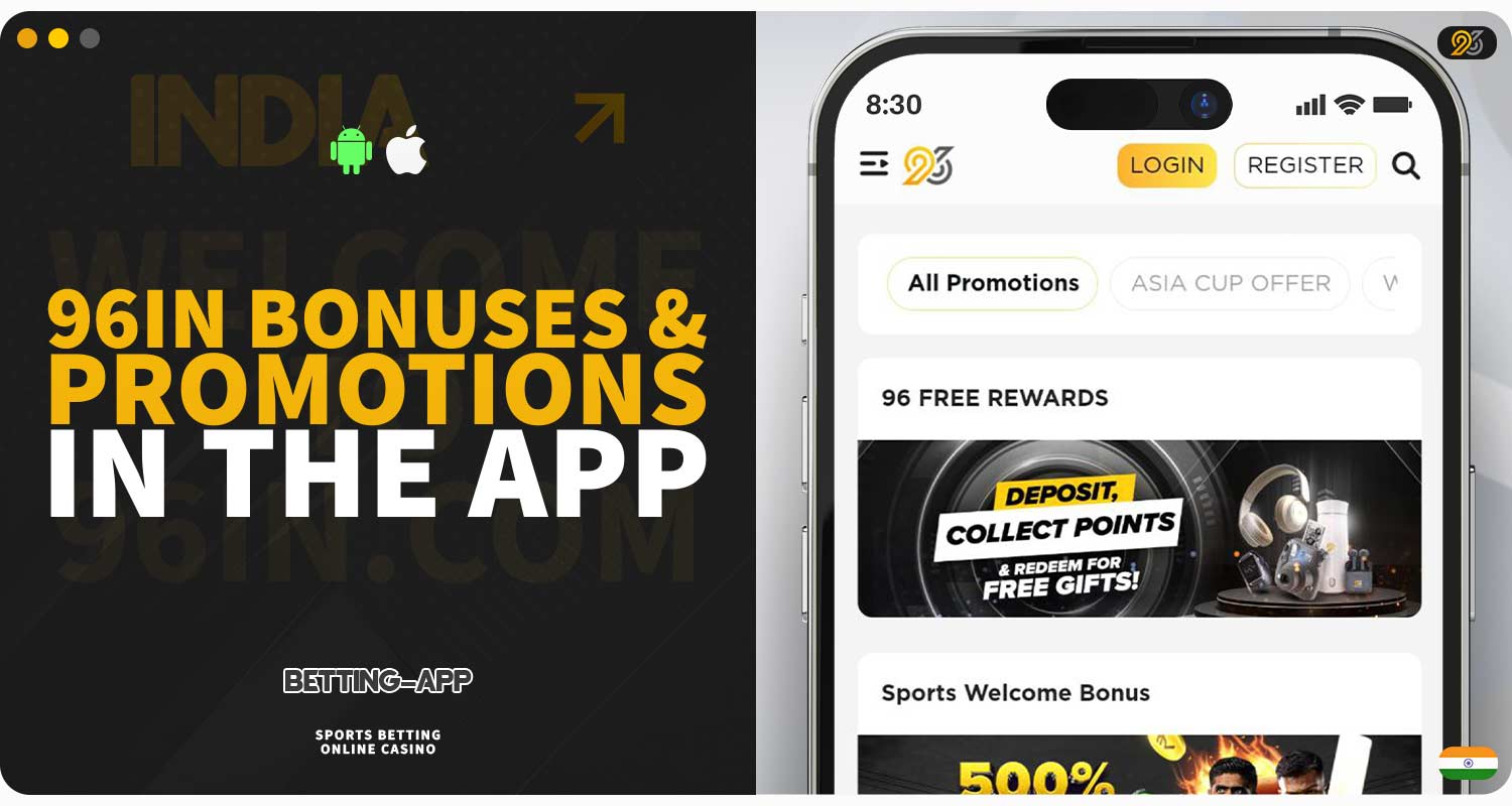 Detailed review of bonuses and promotions in the 96in mobile app.