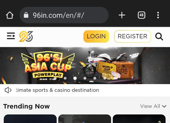 Step 2 of using the 96in mobile betting site showing LOGIN and REGISTER buttons.
