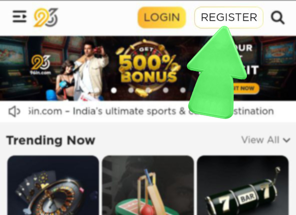 Step 2 of registration and verification in the 96in betting app, showing the Register button
