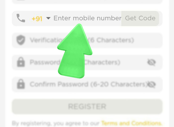 96in app registration – step 3: enter phone number