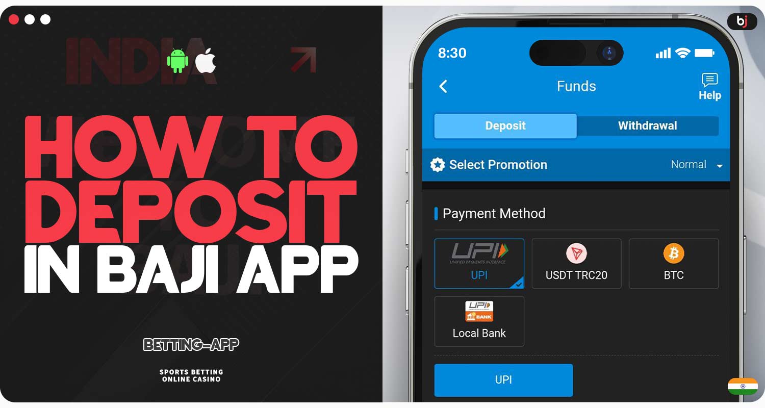 Available deposit methods in the Baji app.