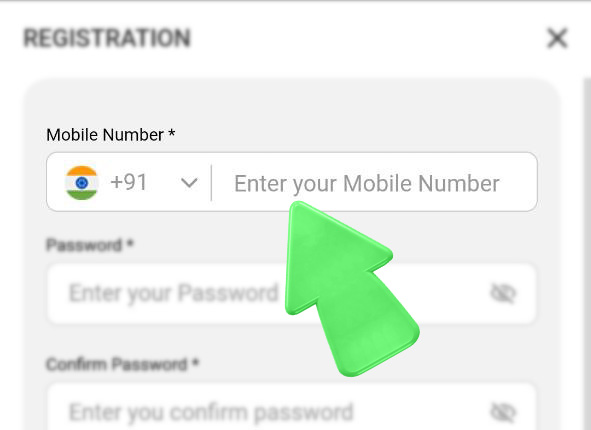 IQPari app registration step 2 — Mobile Number field.