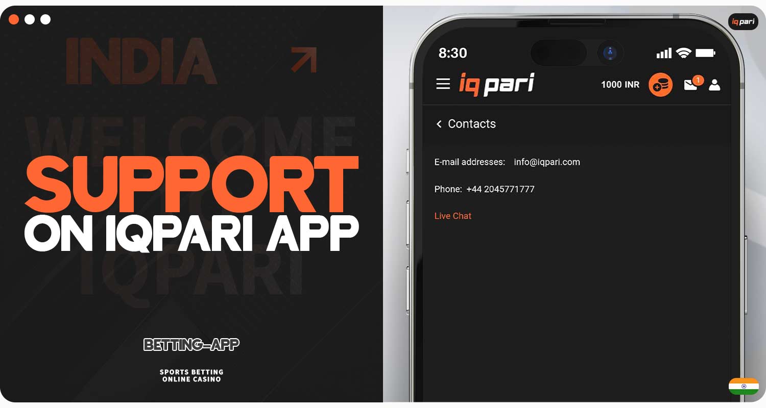 Methods of contacting customer support in the IQPari mobile app.