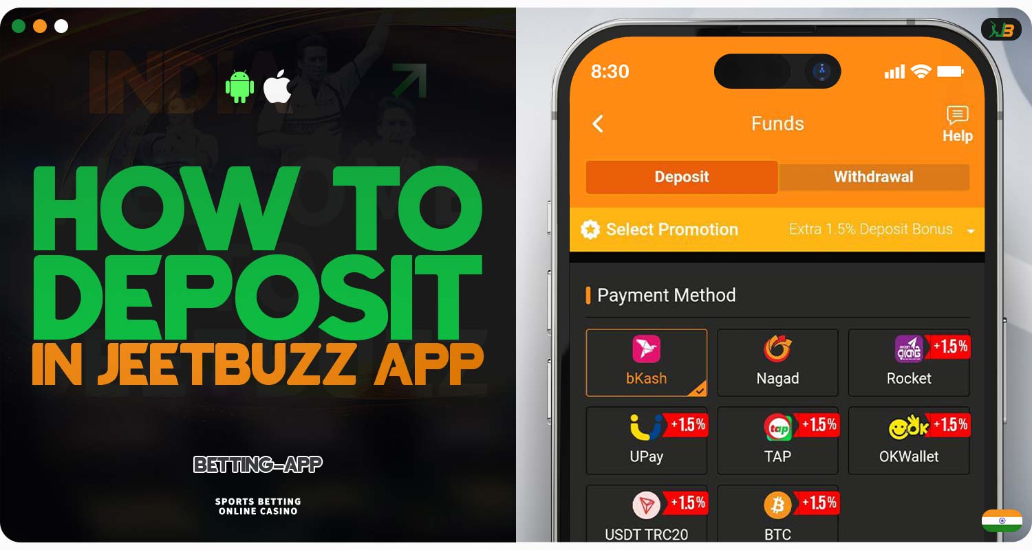 Available deposit methods in the JeetBuzz app.