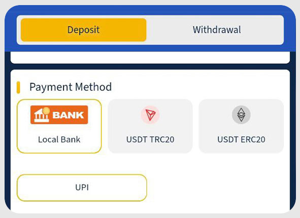 Step 3 of depositing in Mostplay India app: payment method selection
