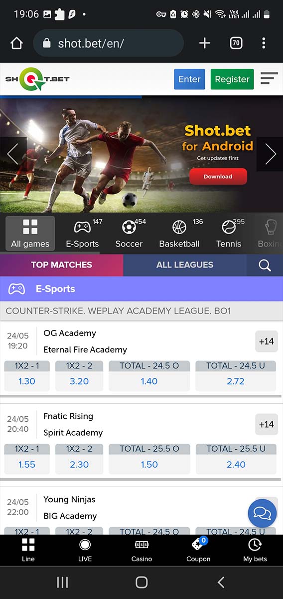 Shotbet Android section.