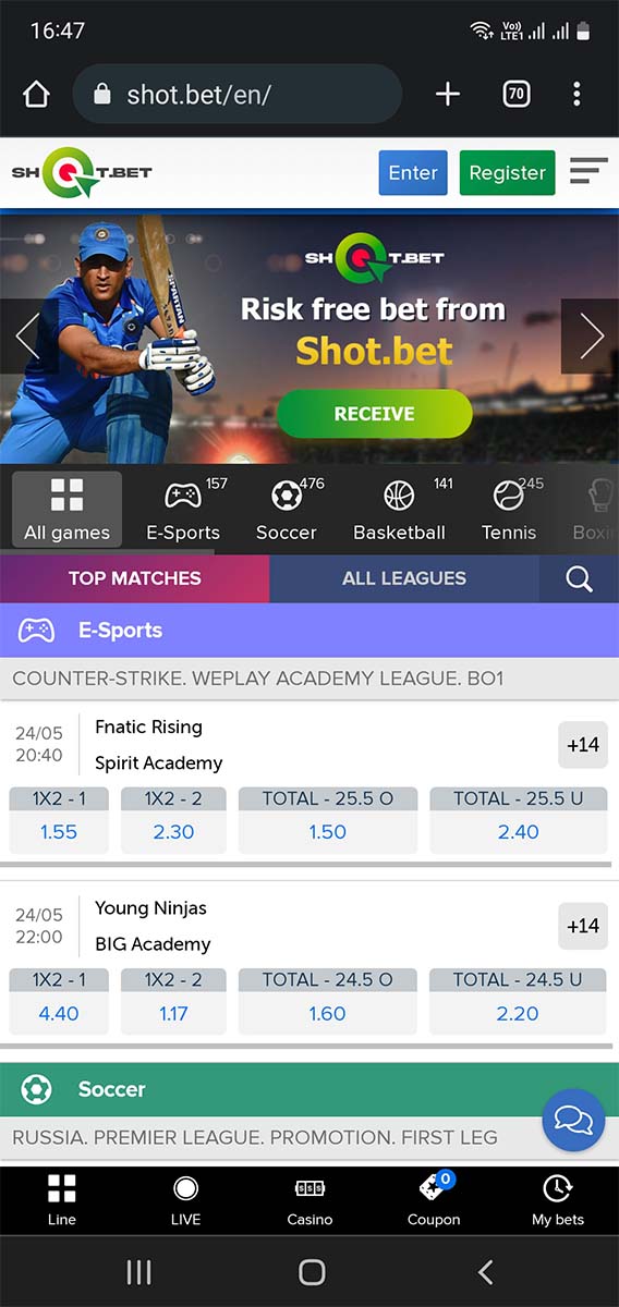 Shotbet main page.