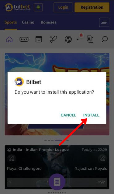 Bilbet app installation screen with the Install button.