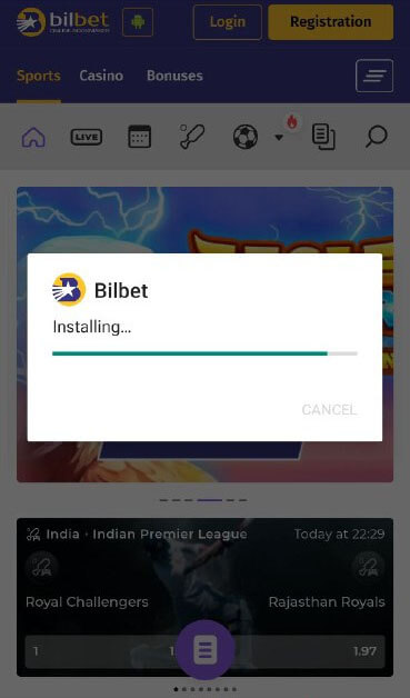 Installation of the Bilbet app is in progress