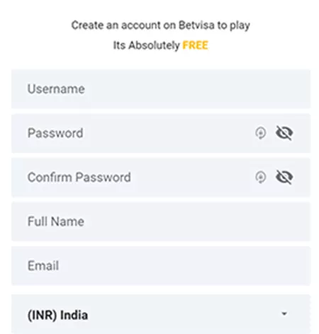 Create an account on Bet Visa to play, by filling in the fields for Username, Password, Confirm Password, Full Name, and Email.