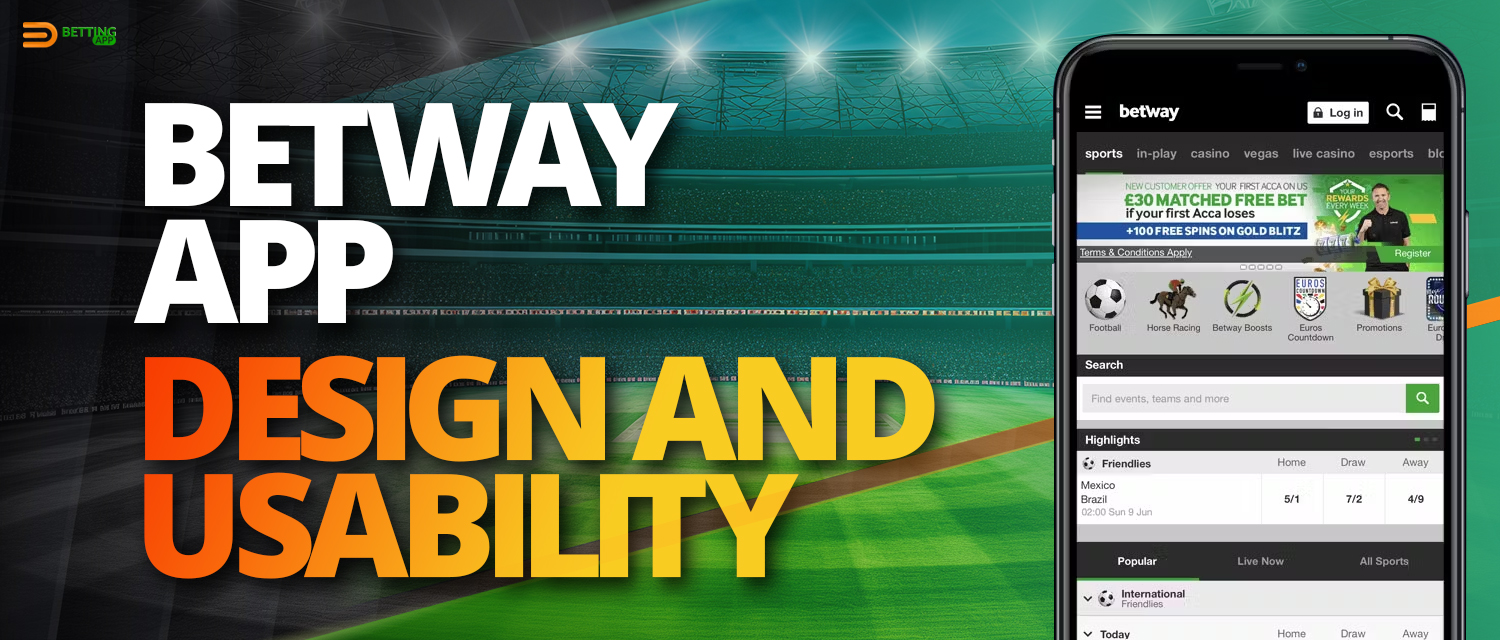 Interface features of the Betway mobile application
