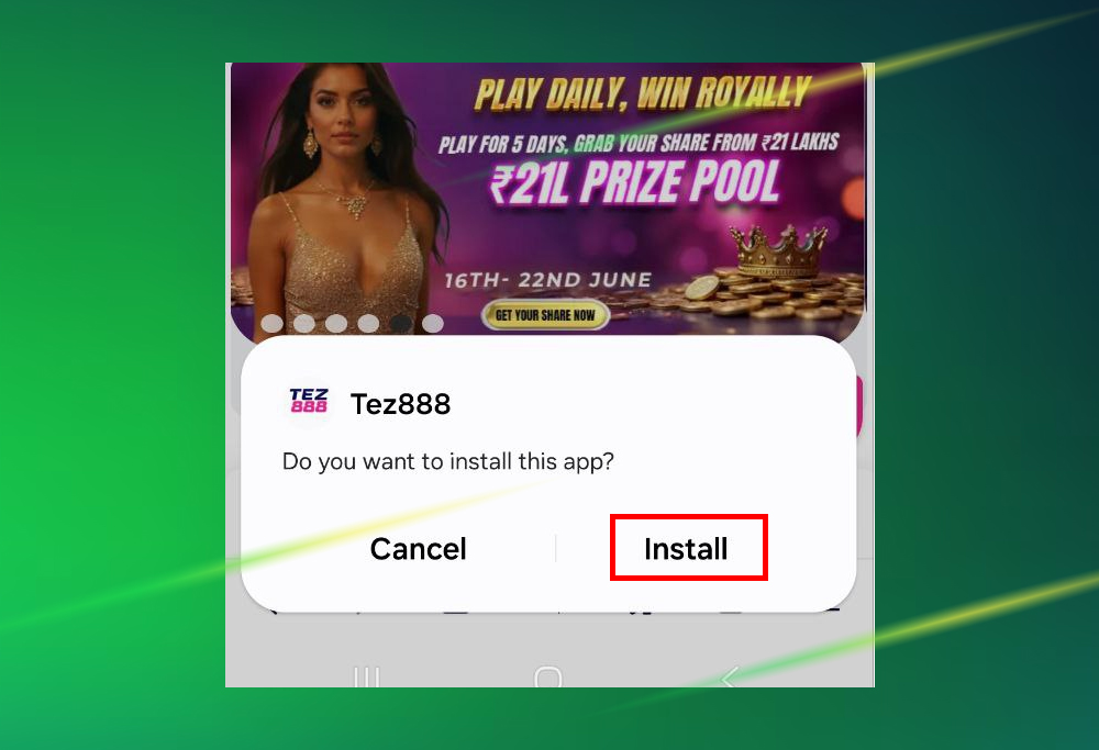 Confirming the installation of the Tez888 app