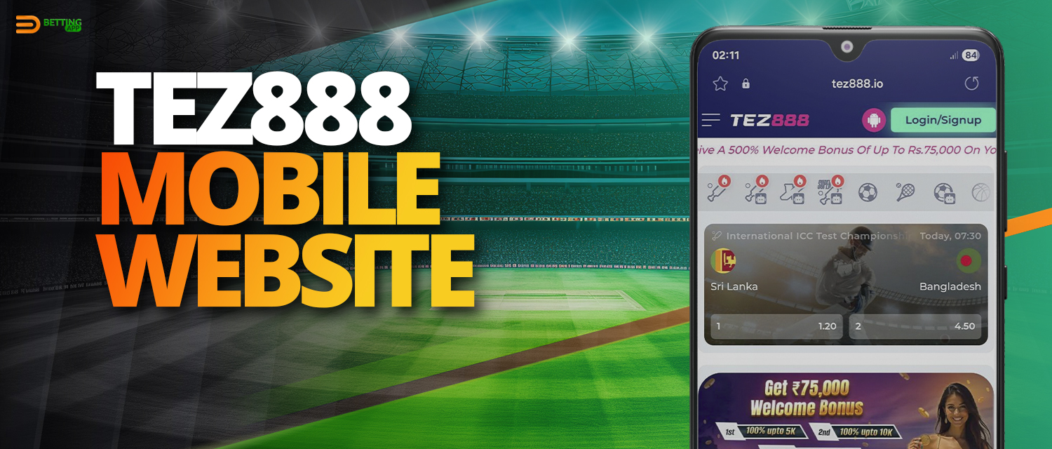 Mobile version of Tez888 site for sports betting and online casino