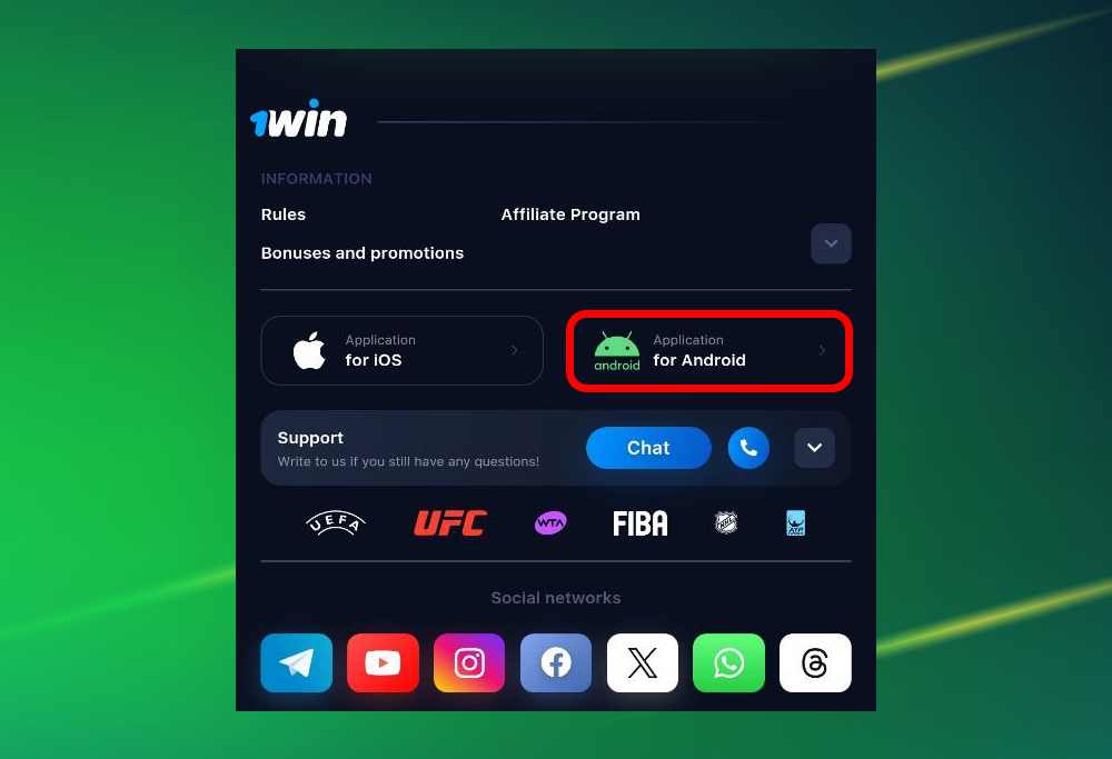 Step 2 of 1win app download showing 'Application for Android' button