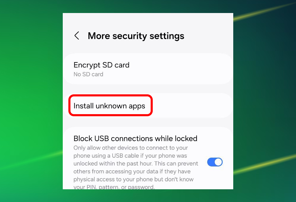 Step 3 of 1win app download and installation on Android showing 'Install unknown apps' setting