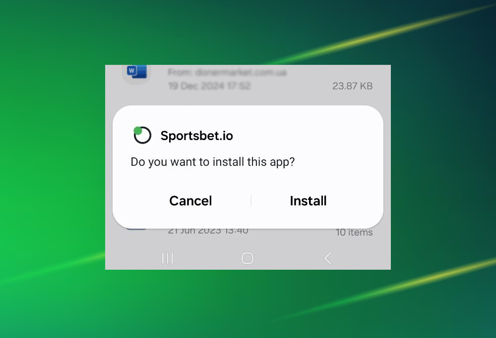 Sportsbet.io app installation prompt — 'Install' option.