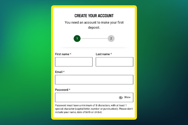 Step 2 of downloading the Unibet APK showing a registration form with fields for first name, last name, email, and password.
