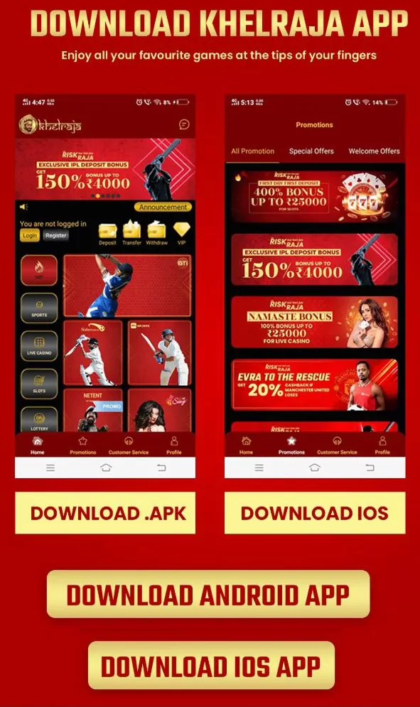 Khelraja mobile app download screen with 'Download Android App' and 'Download iOS App' buttons.