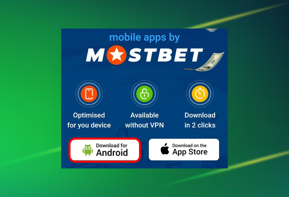 Mostbet APK download screen with 'Download for Android' button.