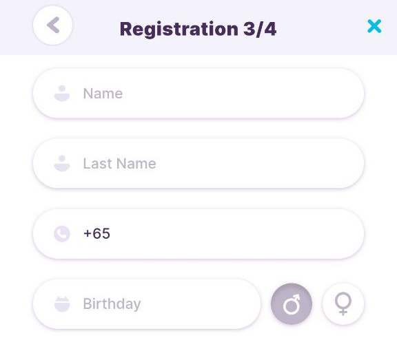 Nomini mobile registration form showing the fields: First Name, Last Name, Phone Number, and Date of Birth.