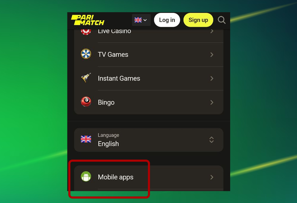 Step 2 of Parimatch APK download for Android with a visible Mobile Apps button.