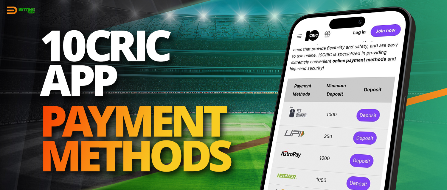 Payment methods and commission for deposit and withdrawal in 10cric app