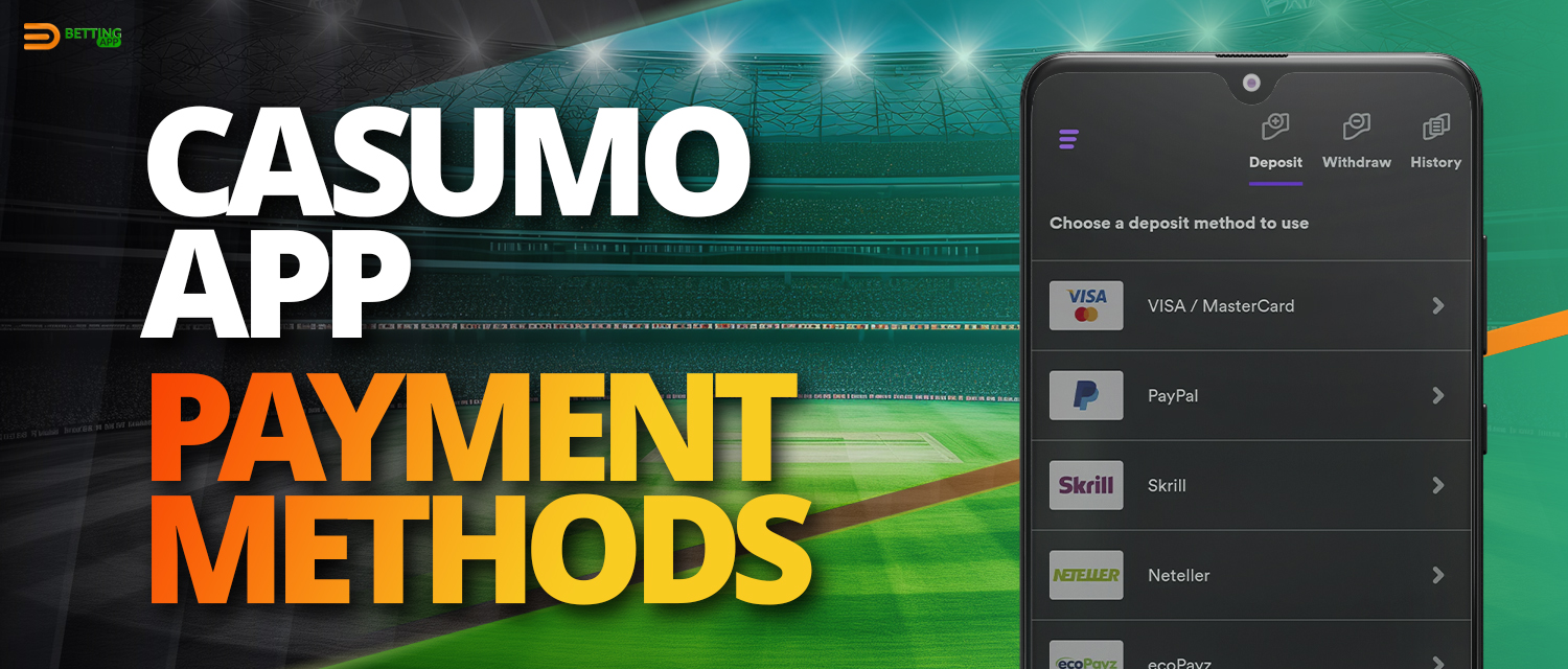 Payment methods available for Indian users on Casumo app 