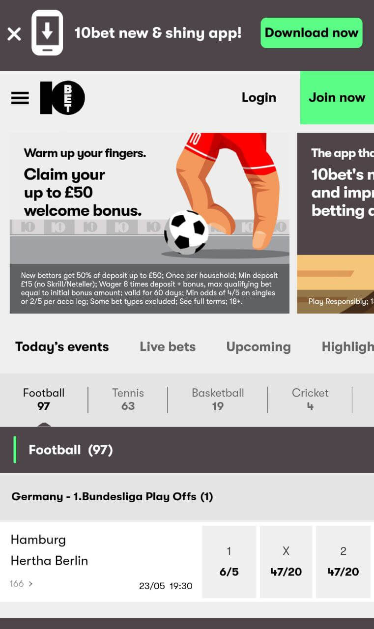 The 10bet.com homepage opened in a mobile browser.