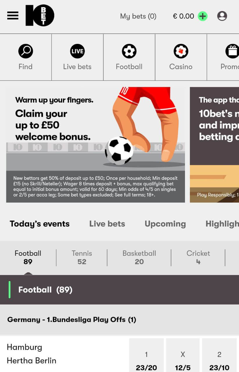 Instructions on how to install the 10Bet app, including using a mobile browser to access 10bet.com.