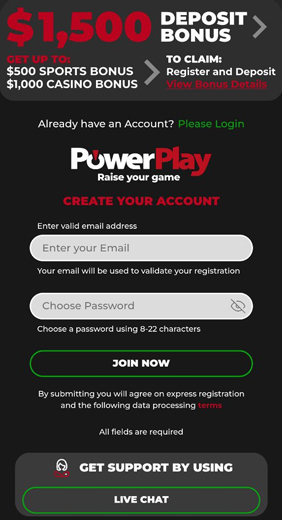 Registration form in the PowerPlay application