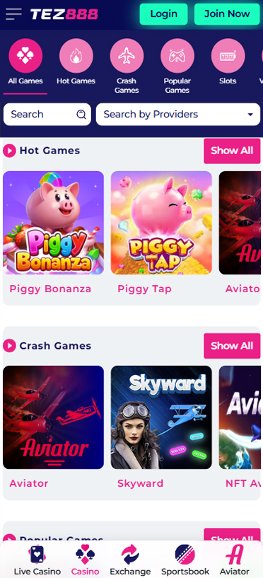 Online casino section in the Tez888 app