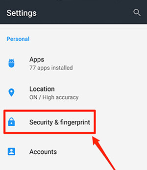 Android settings – Security & Fingerprint during app installation.