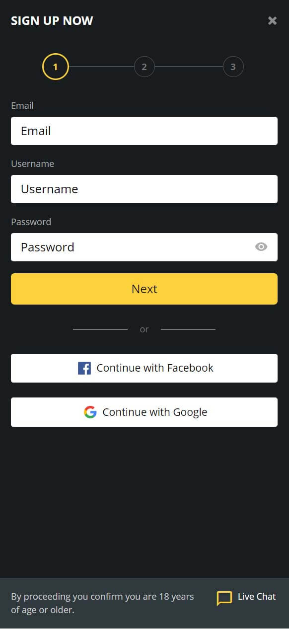 Sign Up field betObet.