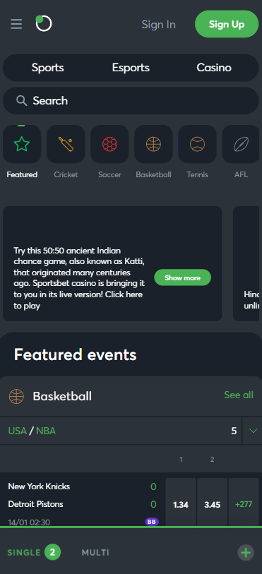 Sports betting in the Sportsbet.io mobile app